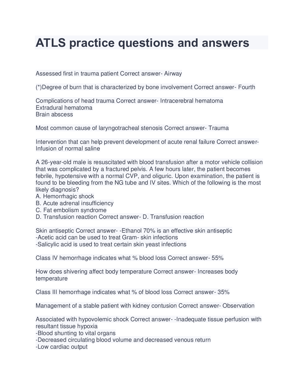 Preview image for ATLS practice questions and answers Latest 2022(Real test bank graded A+)